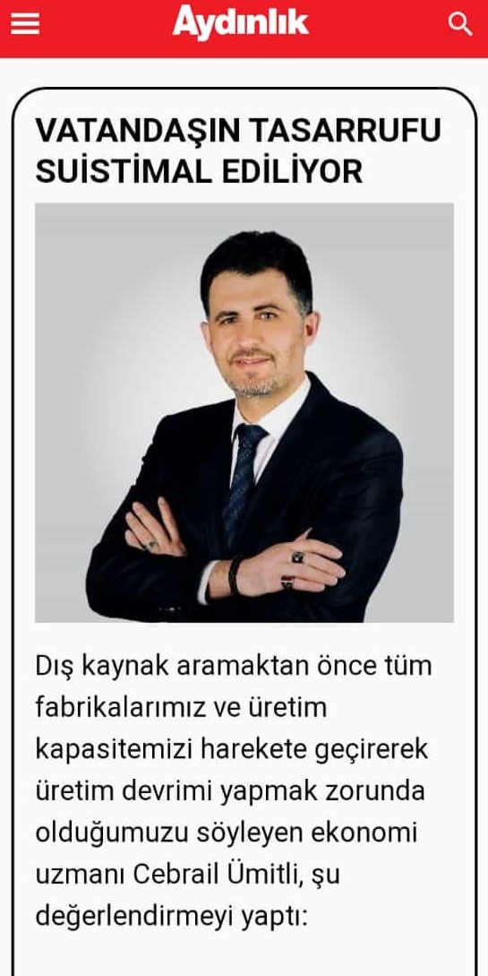 Genel Müdürümüz Cebrail ÜMİTLİ Türkiye'nin Prestij Gazetesi Demeci..